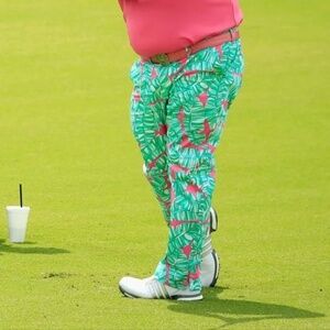 Loudmouth Banana Beach Men's Golf Pants Green & Pink Shark Print Sz 38X30